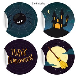 The product images show a set of 24 Halloween-themed stickers featuring spiders, witches' brooms, haunted houses, and other Halloween motifs. The stickers are printed on matte paper and have a diameter of 45mm. The product is available in different pack sizes.

Based on the product information and images provided, the relevant description for search would be:

"24 Halloween stickers with spiders, witches' brooms, haunted houses, and other Halloween designs. Matte paper stickers, 45mm diameter. Available in different pack sizes."

This description covers the key details about the product, including the colors, shapes, and styles featured, as well as the material and size of the stickers. It provides enough information for a semantic search related to Halloween-themed stickers or decorations.