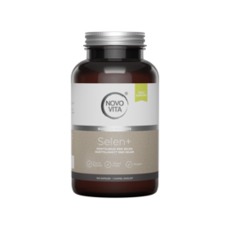 Organic selenium supplement in a brown glass bottle with a silver lid. The supplement is designed to support overall health and well-being.