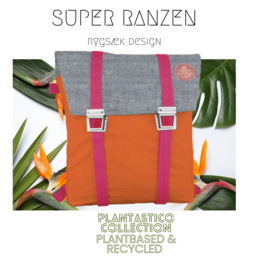 A denim-style backpack with a vibrant orange body, gray accents, and pink straps. The backpack features a recycled and sustainable design.
