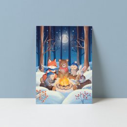  A white greeting card with the text "DENK aan jou" (Think of you) in colorful lettering, accompanied by a small illustration of a bear.