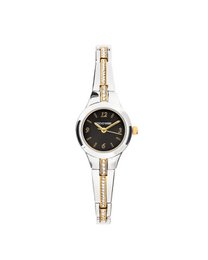  A stylish women's watch with a silver and gold tone stainless steel case and bracelet. The black dial features gold-tone hands and hour markers. This elegant timepiece is suitable for both casual and formal occasions.