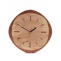 A round wooden wall clock with a natural wood grain finish and minimal markings for the hour indicators.