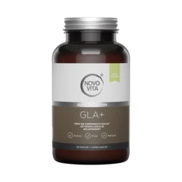 Dietary supplement containing GLA (gamma-linolenic acid) in a brown glass bottle with a silver cap.