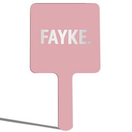Pink hand mirror with the text "FAYKE" printed on it. The mirror appears to be made of a lightweight material and has a simple, minimalist design.
