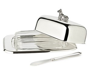 EDZARD botervloot koe 13x18 cm, H 8 cm, glazen inzet, verzilverd, met botermes