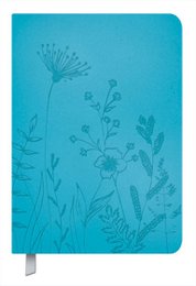 A soft blue wall calendar with a floral design, featuring a dandelion-like flower and other botanical elements in a teal color scheme.