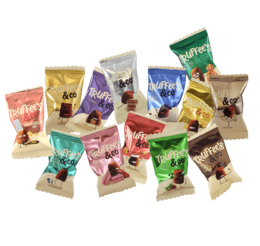  Assorted individually packed chocolate truffles in various flavors, including milk, dark, and white chocolate varieties.