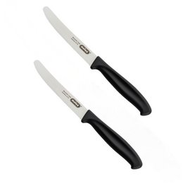 A set of 2 black universal kitchen table knives with stainless steel blades.