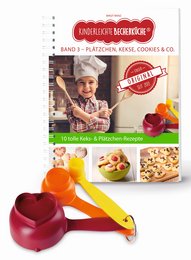 A set of 3 measuring cups in various shapes, including a heart, star, and circle, along with cookie cutters. The product is designed for baking and cooking with children.