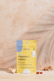 Sugar-free sunset gummies in a yellow package labeled "Ready for the sun". The gummies appear to be a dietary supplement product.