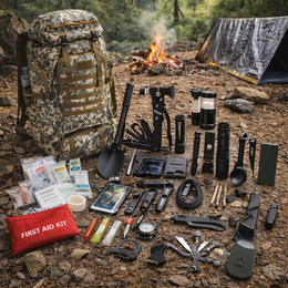  Camouflage tactical survival backpack 80L with 30+ outdoor equipment tools, first aid kit, camping gear included.