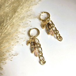  Gold hoop earrings with dangling chain charms, elegant drop style jewelry