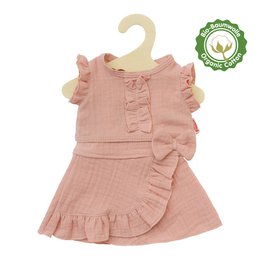  A 2-piece doll outfit consisting of a ruffle top and wrap skirt made of 100% organic cotton in a rosé color, sized for 28-35cm dolls.