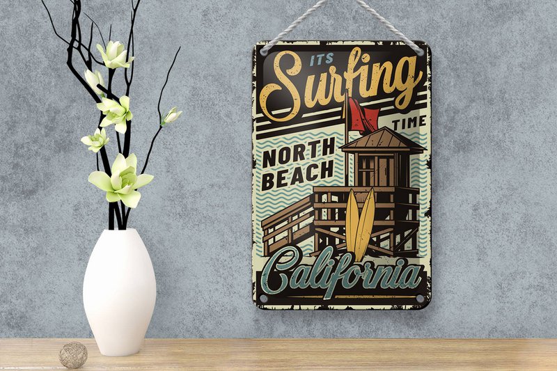 Blechschild California 12x18cm ist Surfing time north beach Dekoration