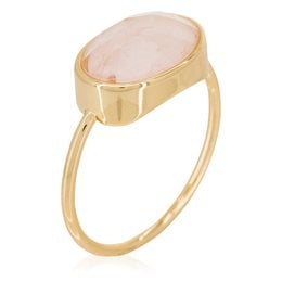 This gold-toned ring features a large oval-shaped pink quartz stone set in a sleek, minimalist design. The ring has a simple, elegant style that would complement a variety of outfits.