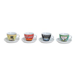  Set of 4 porcelain espresso cups with coffee plates, 5 cm, 50 ml capacity. Assorted designs featuring various patterns and colors.
