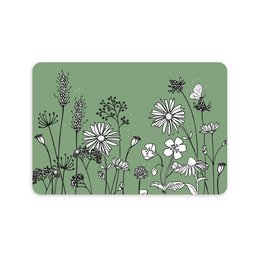 A postcard featuring a botanical field of flowers in shades of green and black. The image showcases various floral elements including daisies, wildflowers, and other botanical details.