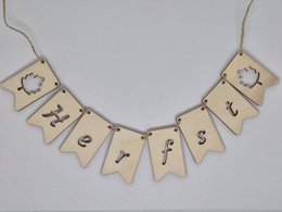  Wooden autumn bunting garland, round bottom flags, natural wood, fall leaf and seasonal symbols, string decoration