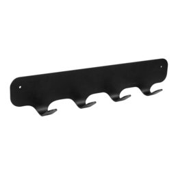 Black metal wall-mounted coat rack with 4 hooks for hanging coats, jackets, and other items.