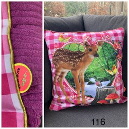  Cushion cover with a deer design in a checkered pattern, featuring a deer in a natural setting with greenery and a watermelon slice.