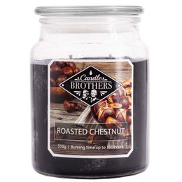Roasted chestnut scented candle in a glass jar with a black label featuring the brand name "Brothers & Co."