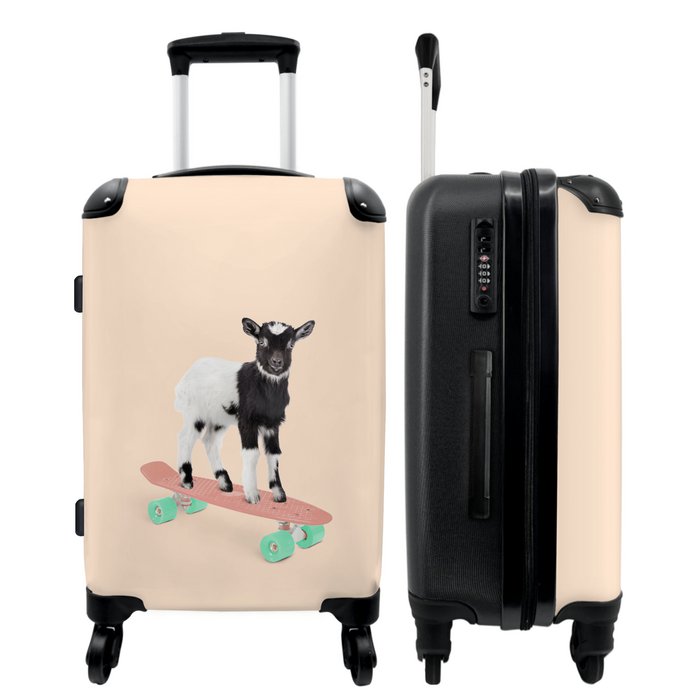 NoBoringSuitcases Large suitcase Goat Black Skateboard White Animals Children s suitcase suitable for boys and girls Travel suitcase with 4 wheels Trolley on wheels