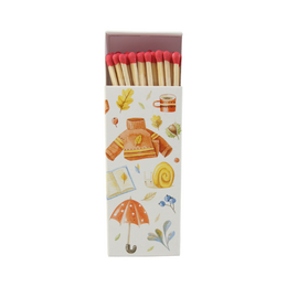  Long matches in an autumn-themed box with illustrations of seasonal items.