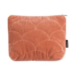 Cameo rose pink velvet pouch with quilted wave pattern, soft texture, rectangular shape, 18x23cm cosmetic bag.