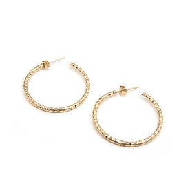 Gold-toned hoop earrings with a textured, hammered finish. The hoops have a medium size and a classic, versatile design suitable for everyday wear.