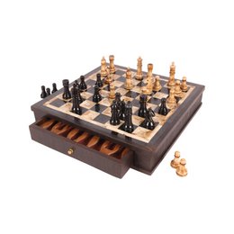 Brown wooden chess board with drawers, black and natural wood pieces, square game board, storage compartments