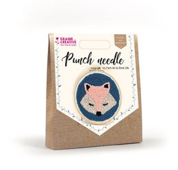A circular punch needle kit featuring a fox design, with a diameter of 200mm. Includes necessary materials such as yarn, needle, and embroidery hoop.