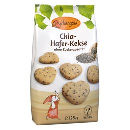 Chia-Hafer-Kekse (Chia Oat Biscuits) with xylitol, 125g. Baked with whole grain oats, chia seeds, and sweetened with xylitol. Suitable for vegetarians.