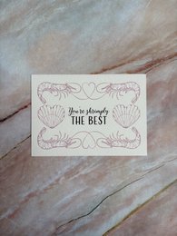  Friendship card with text "You're shrimply the best" and decorative shell design.