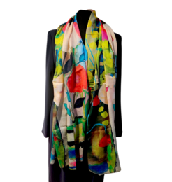  Colorful botanical floral scarf with vibrant flowers, red roses, green leaves, multicolor patchwork design, lightweight fabric.