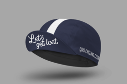  Navy blue and black cycling cap with white stripe, "Let's get Lost" text print, sporty athletic style headwear.