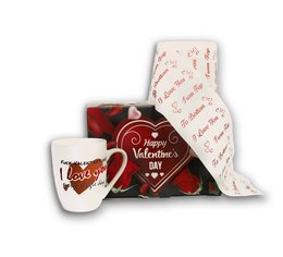 A Valentine's Day gift set including a ceramic mug with a heart-shaped design and the text "I love you every single day" printed on it.