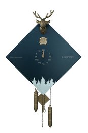 A traditional Black Forest cuckoo clock with a green-blue and gold color scheme, featuring a deer head motif and a decorative pendulum. The clock has a diamond-shaped design and appears to be mounted on a dark background.