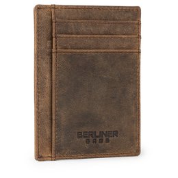  A brown leather wallet with multiple card slots and a clear ID window. The wallet has a simple, classic design and appears to be made of high-quality materials.