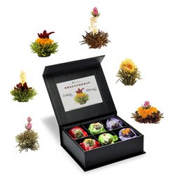 A mixed box of 6 tea blooms with magnetic closure, including white, black, and green tea varieties.