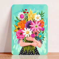 Card birthday woman with a bouquet of colorful flowers mother postcard