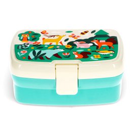  A turquoise and white lunch box with a woodland-themed graphic design, featuring a tray inside for storing food.
