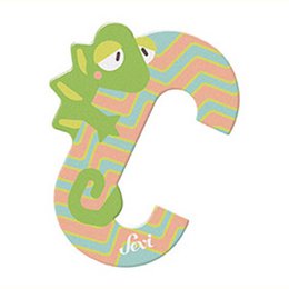  Wooden toy letter C with a colorful, whimsical chameleon design. Made of durable wood materials in shades of green, pink, and orange. Suitable for children's educational and decorative purposes.