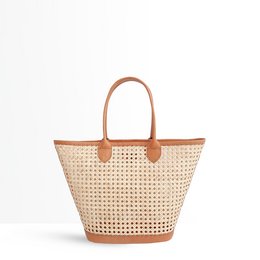 Vanya - Caramel, a beige woven tote bag with leather trim and handles, suitable for everyday use or as a stylish accessory.
