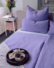  Lavender muslin bedding set, soft breathable cotton fabric, includes pillowcases, multiple sizes available.