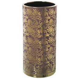 A tall, cylindrical ceramic umbrella stand with a gold floral pattern on a dark brown background. The stand has an open top to hold umbrellas.