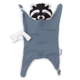 Soft, plush raccoon-themed swaddle comforter in gray and white colors, perfect for snuggling and keeping babies warm.