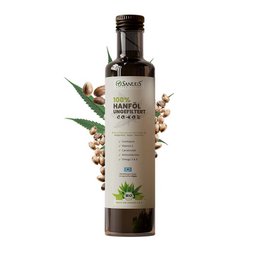 Organic hemp seed oil, 100% cold-pressed, 500ml. Contains linoleic acid, carotenoids, vitamins, and minerals.