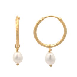  "Golden Pearl Hammered Hoops - Elegant hoop earrings with hammered gold-tone finish and dangling pearl accents. Suitable for formal or casual wear."