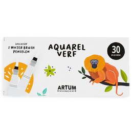 This watercolor paint set contains 30 vibrant colors in a compact, portable case. The set includes a variety of hues suitable for arts and crafts projects.