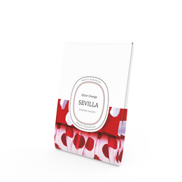 Scented sachet with bitter orange fragrance from the Seville Collection. Rectangular shape with a floral pattern in shades of red.